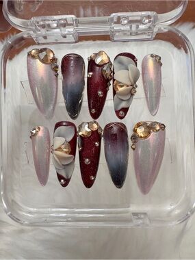 Burgundy & Pearl Pink Rhinestone Stiletto Press-On Nails